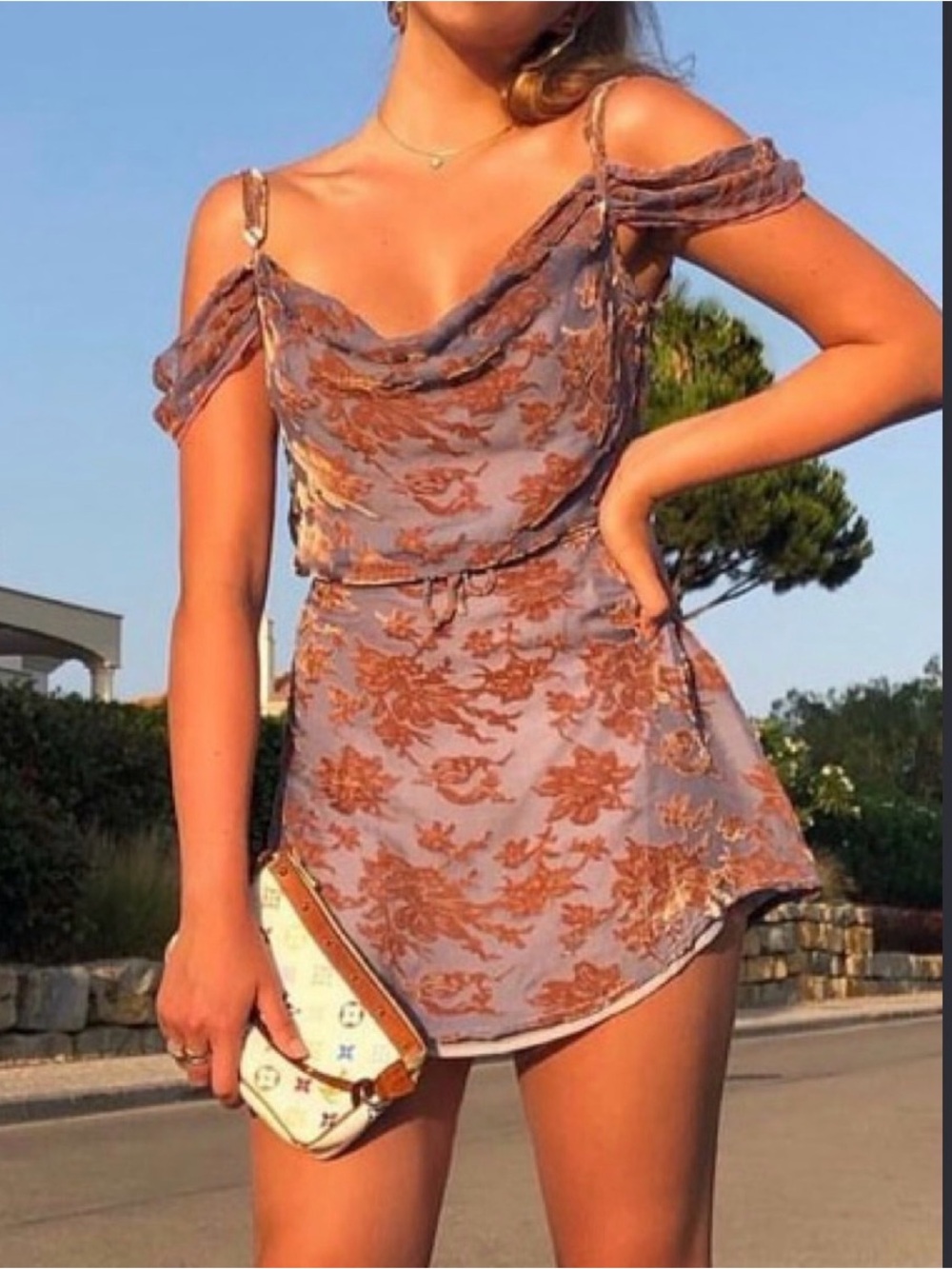 rat & boa lilac with copper velvet floral draped mini dress, NWT